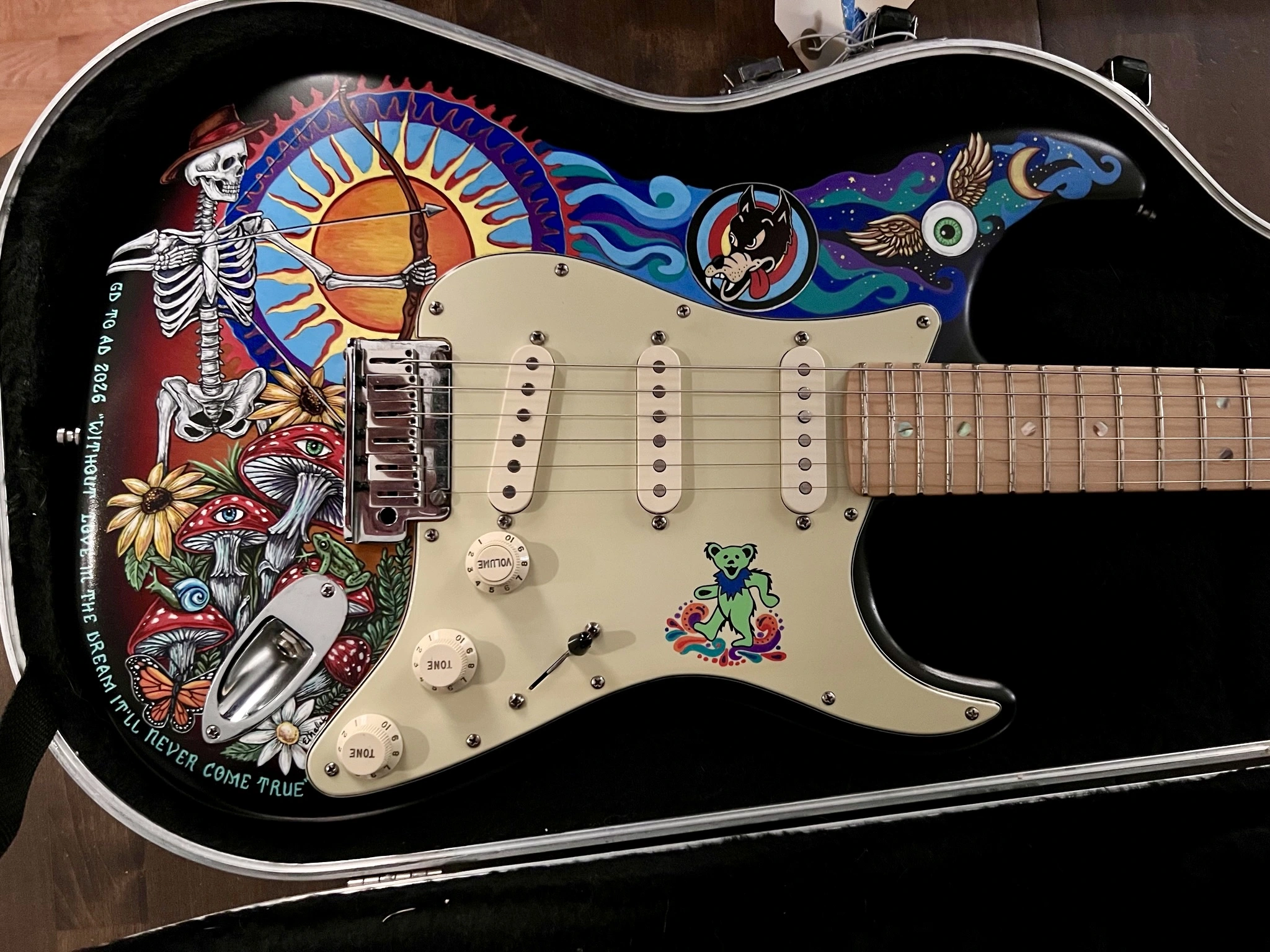 Grateful Dead skeleton archer hand-painted guitar by Nancy Elhallak