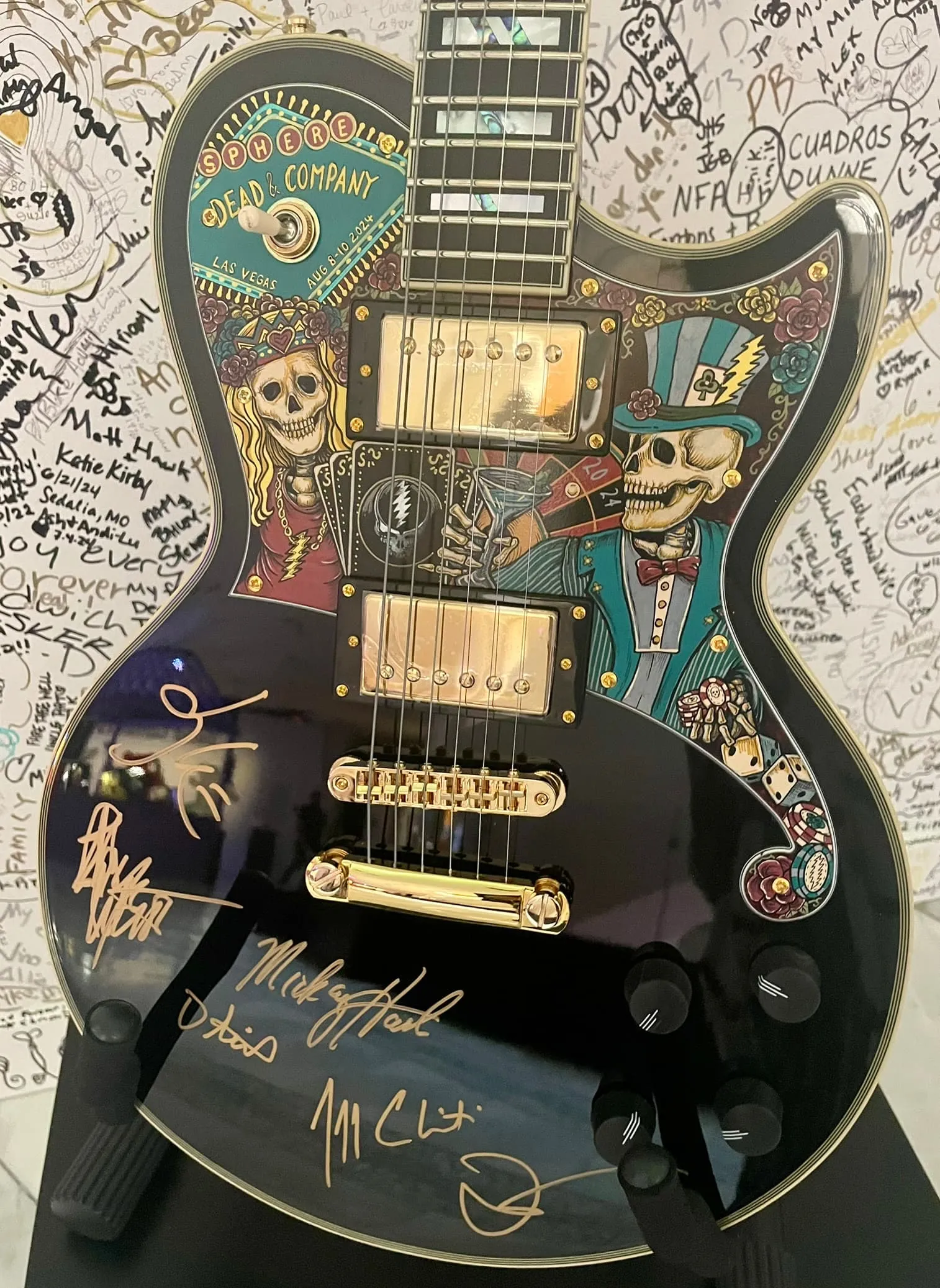 Dead and Company band-signed hand-painted guitar by Nancy Elhallak