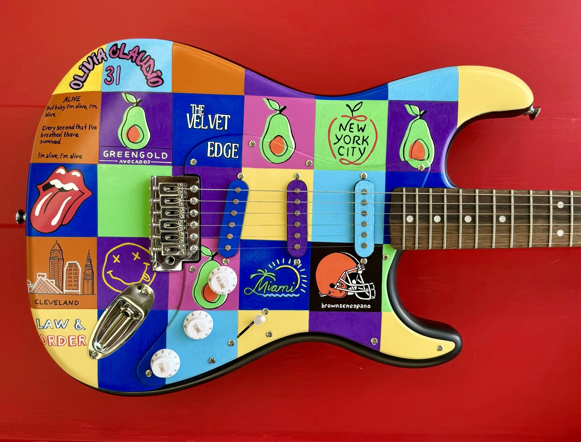 Avocado themed painted guitar