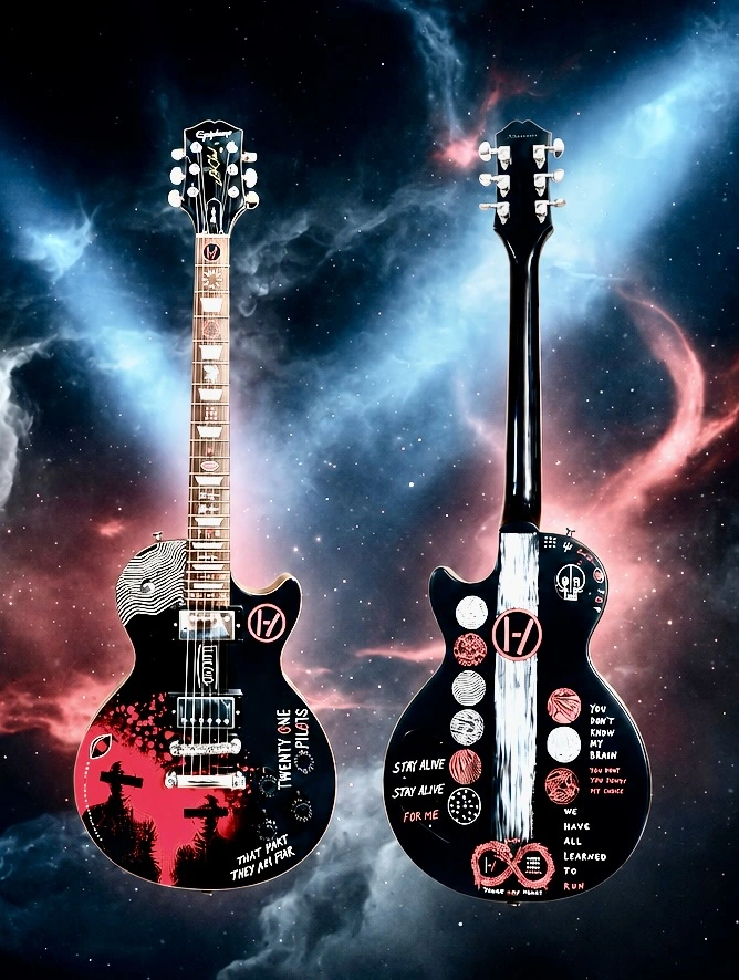 Twenty One Pilots hand-painted Les Paul guitar by Nancy Elhallak